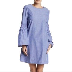 Beach Lunch Lounge Stripe Smocked Bell Sleeve Poplin Dress